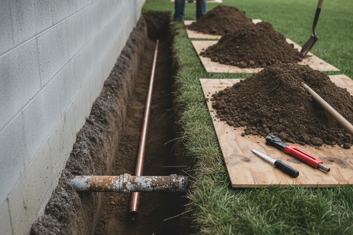 Excavated water line trench during Sewer Line Repair in Sisseton